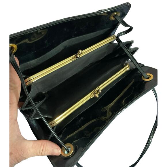 Mid Century Handbag Black Patent Double KISS Lock - Picture 6 of 11
